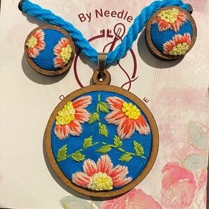 Floral Embroidered Necklace and Earrings Set